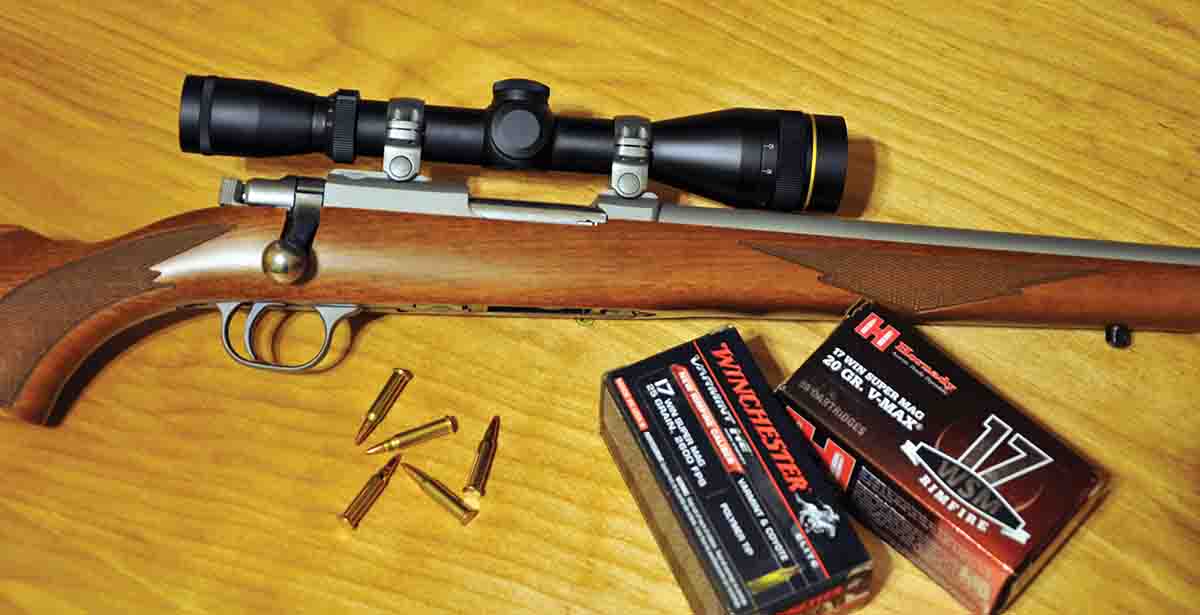 Ruger’s first 77/17 .17 WSM bolt action featured a walnut stock and stainless 24-inch barrel. The scope is a Leupold VX-2 3-9x 33mm EFR with an adjustable objective.